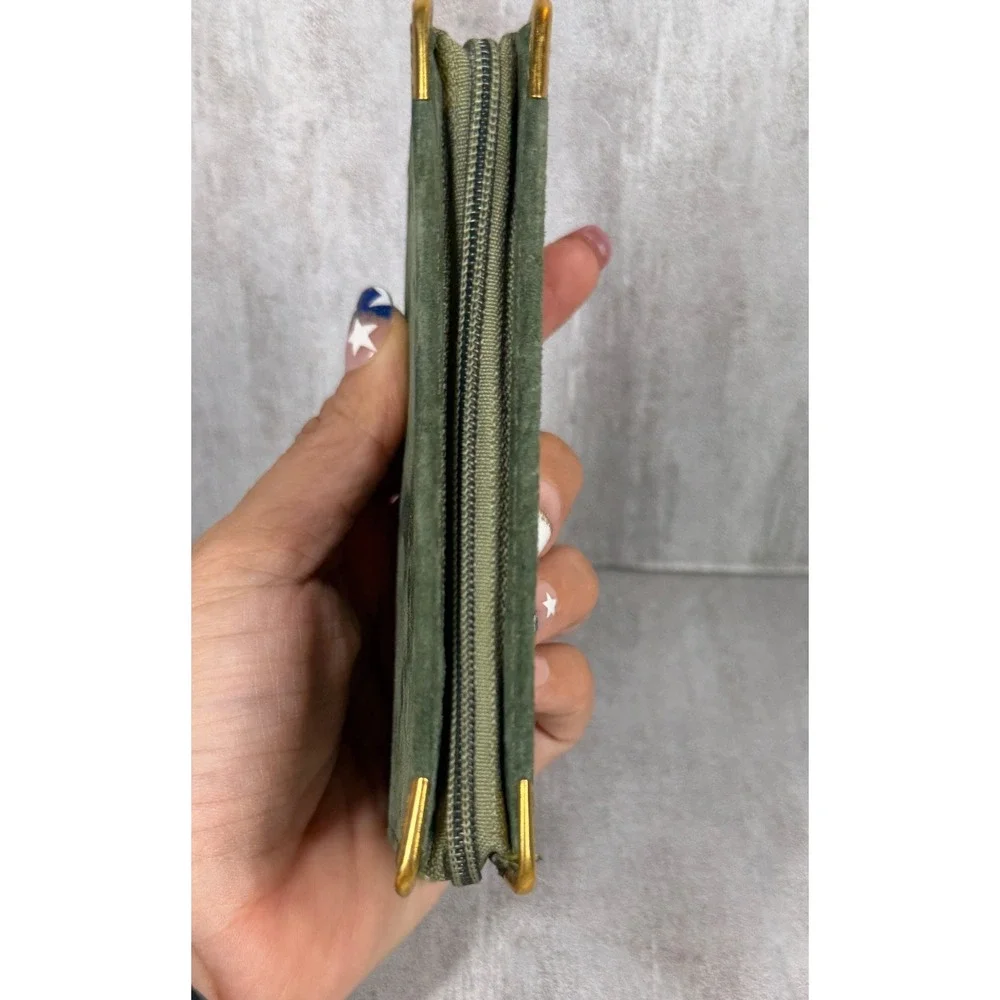 English Leather Green Suede Zip Around Card Holder Wallet Gold Corners Vintage